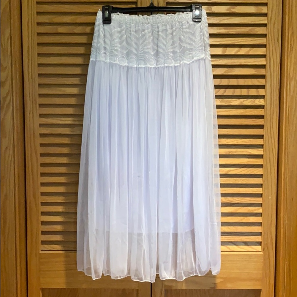 White lace mesh pleated midi skirt